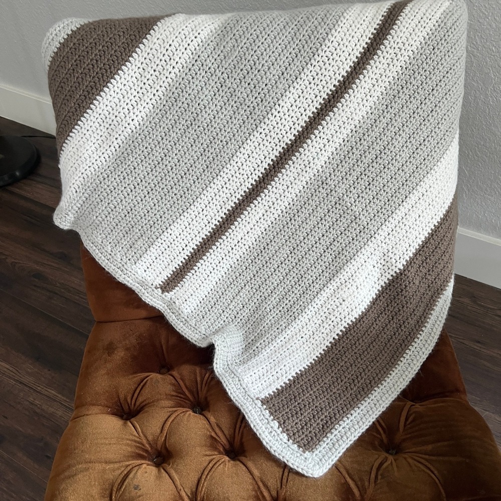 Handmade Crochet Baby Blanket Striped Gray White Neutral Stroller Throw